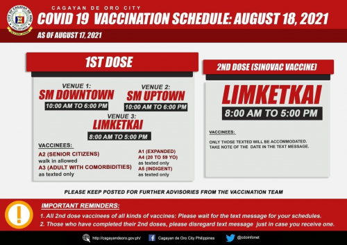 COVID-19 vaccination schedule, August 18, 2021 (Wednesday)
