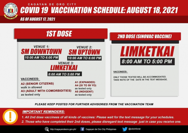 COVID-19 vaccination schedule, August 18, 2021 (Wednesday)
