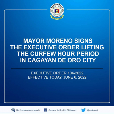 Mayor Moreno signs E.O. No. 104-2002 - an executive order lifting the curfew hour period in Cagayan de Oro City.