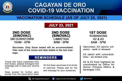 VACCINATION ROLL OUT  ADVISORY FOR JULY 23, 2021 (FRIDAY)
