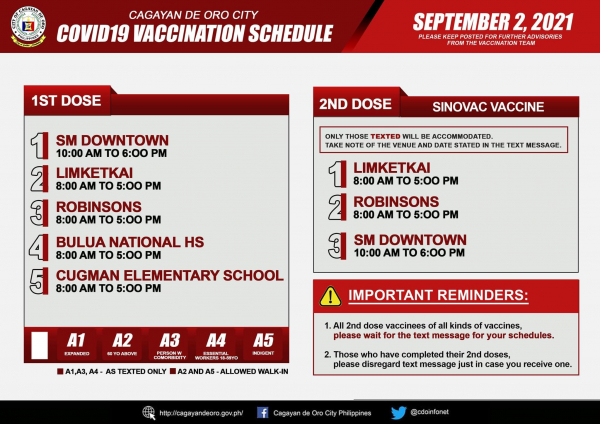 COVID-19 vaccination schedule, September 2, 2021 (Thursday)