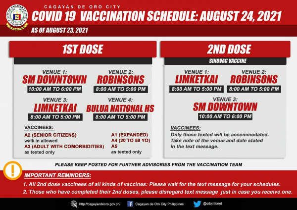 COVID-19 vaccination schedule, August 24, 2021 (Tuesday)