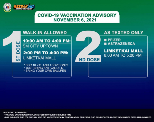 CDO COVID-19 VACCINATION SCHEDULE NOVEMBER 6-7, 2021