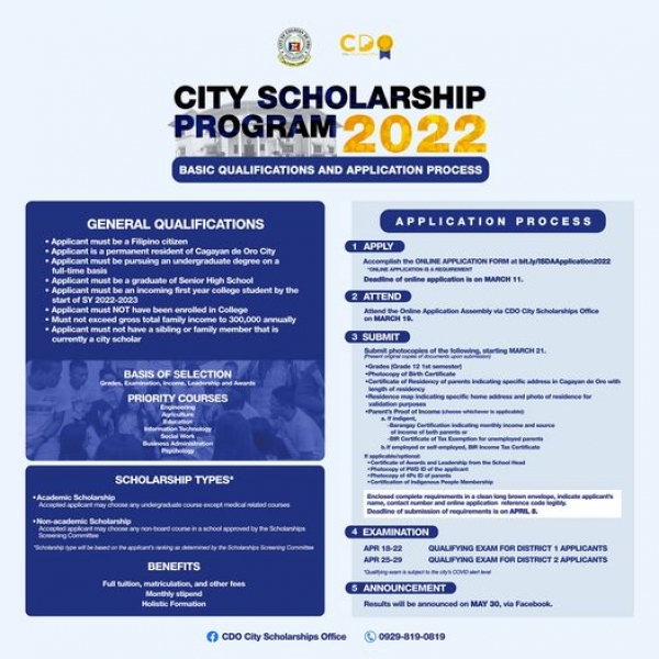 Online applications sa City College Scholarships  alang sa tuig 2022, bukas na sa publiko