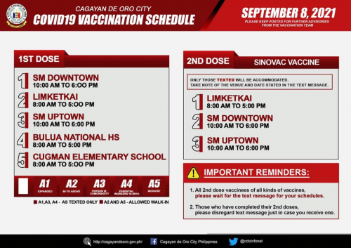 COVID-19 vaccination schedule, September 8, 2021 (Wednesday)